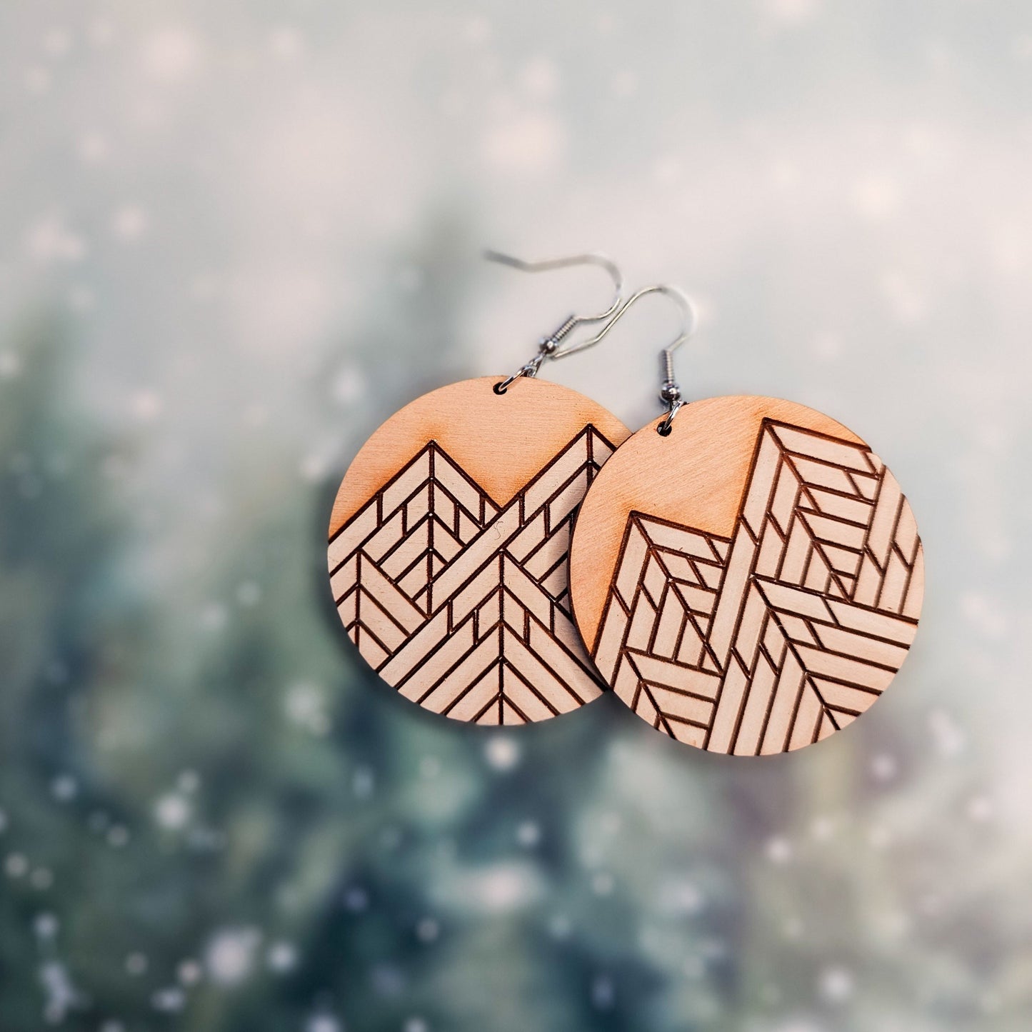 Hand Painted White Mountain Round Wood Earrings