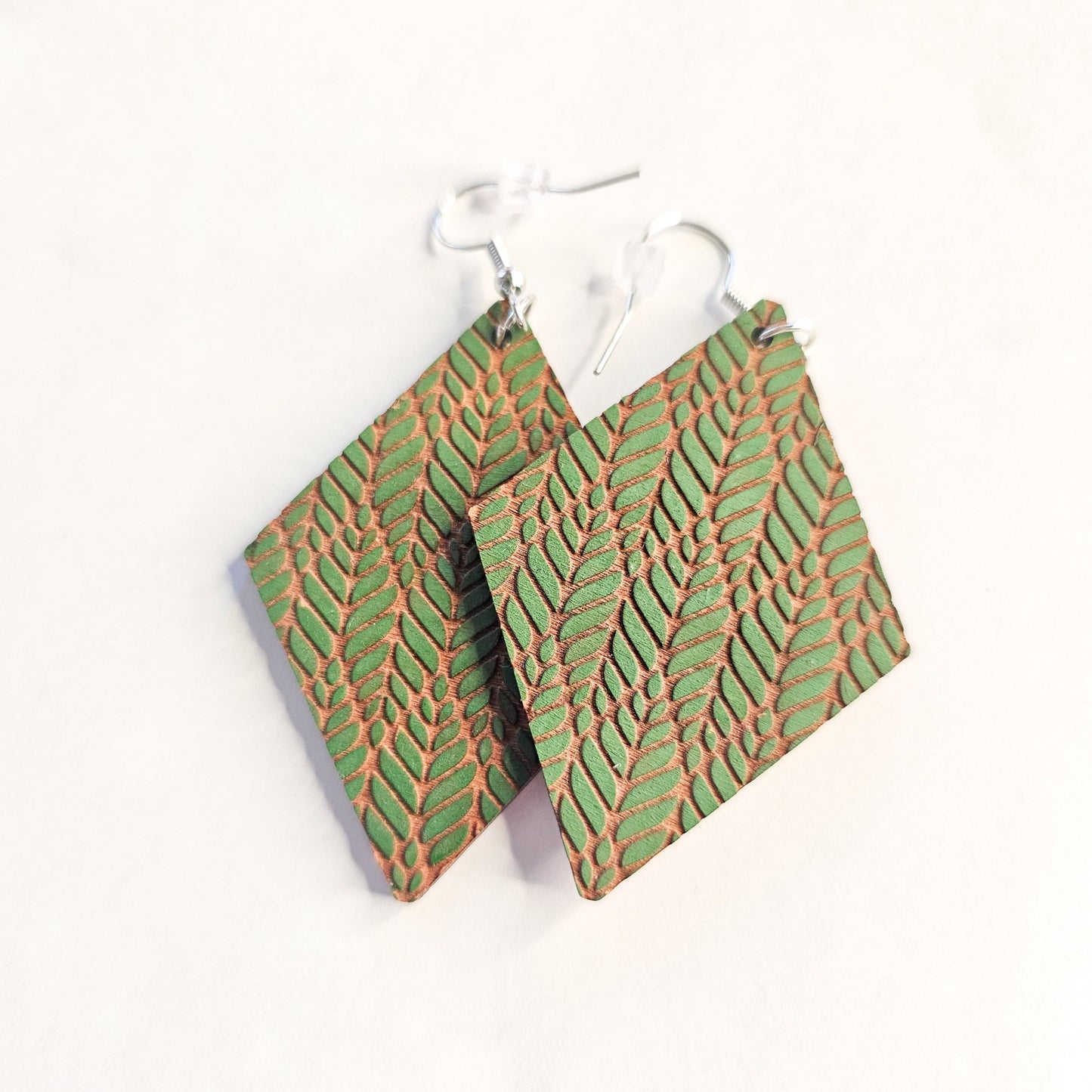 Green Geometric Hand Painted Wood Earrings